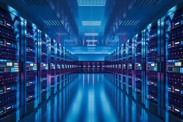Bright rows of server racks fill a modern data center room - obrazy, fototapety, plakaty