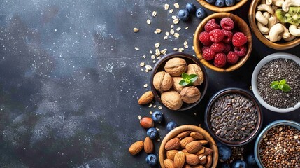 Obraz premium Assorted superfoods in containers on a solid colored background. A variety of superfoods in small bowls, surrounded by fresh fruits, nuts, and vegetables, highlighting a healthy lifestyle