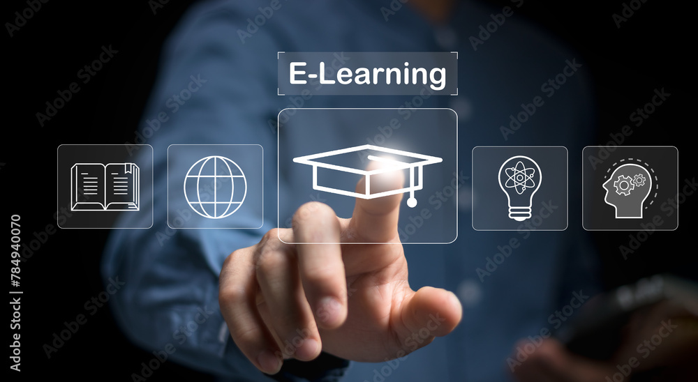 Poster concept of online education. man use online education training and e-learning webinar on internet fo