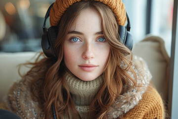 Close-Up Portrait of a Young Woman With Freckles and Blue Eyes Wearing Headphones