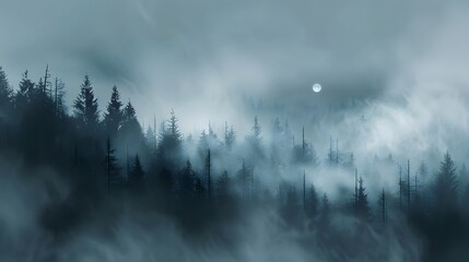 Misty Forest at Night - obrazy, fototapety, plakaty
