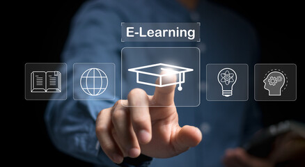 Concept of Online education. man use Online education training and e-learning webinar on internet for personal development and professional qualifications. Digital courses to develop new skills..