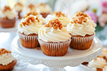Elegant Carrot Cupcakes Topped With Cream Cheese Frosting on a Ceramic Stand