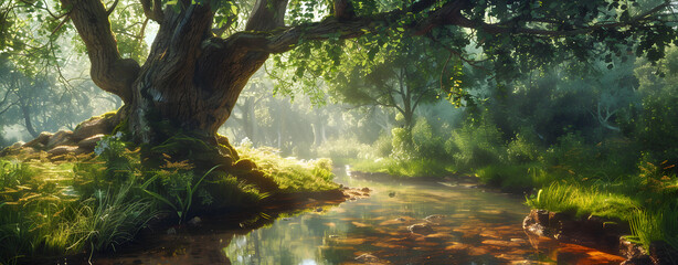 A forest with a pond and trees in the background A sun dappled forest scene with a variety of tree. - obrazy, fototapety, plakaty