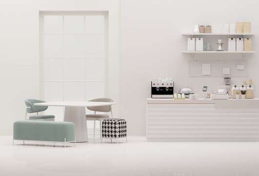 3D render modern white and beige style cafe counter with big window, with espresso coffee making machine, stack of eco friendly paper cup. Morning sunlight, Bistro, Business, Space, Blank