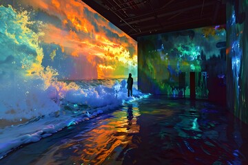 Surreal Digital Art of Indoor Ocean Waves at Sunset