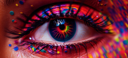 Multicolored iris of the eye and multicolored colors all around, generative AI