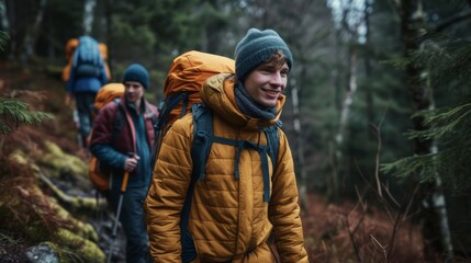 Happy backpacker and his friends hiking in forest