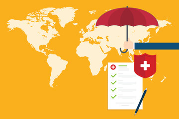 Medical healthcare insurance. Red shield on patient protection policy and pen on a world map background. International health insurance concept. Vector illustration