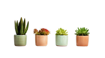 Set of ceramic pots with succulents isolated on white background