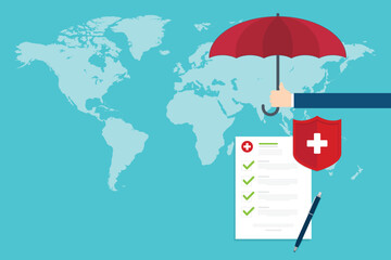 Medical healthcare insurance. Red shield on patient protection policy and pen on a world map background. International health insurance concept. Vector illustration