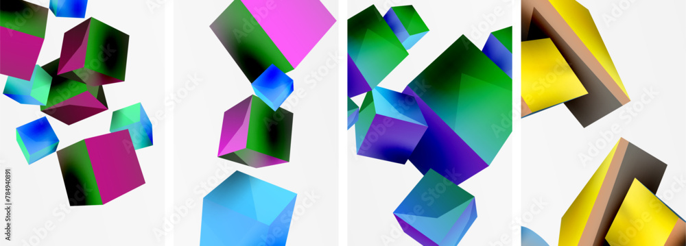 Poster a mesmerizing display of floating colorful cubes in various shapes, including purple rectangles, vio