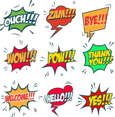 Set of comic style phrases isolated on white background. Pop art style phrases set. Wow! Oops! Whop!  Design element for poster, flyer. Vector design element. - 784941226