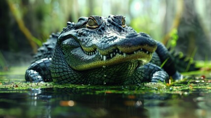 Fototapeta premium Alligator Gliding Effortlessly Through a Moss-Covered Cypress Swamp.
