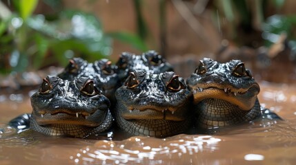 Obraz premium Alligator Hatchlings Emerging from Their Nest, Embarking on Their First Journey into the Water.