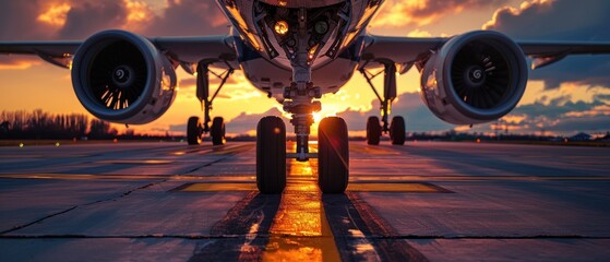 A large jet is on the runway with the sun setting in the background. The plane is on the tarmac and the runway is wet - obrazy, fototapety, plakaty
