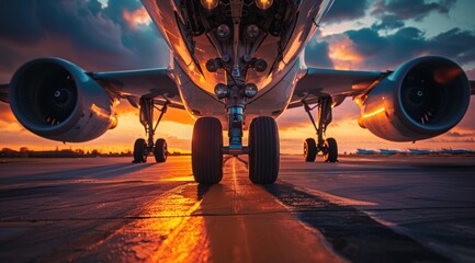A large jet is on the runway with the sun setting in the background. - obrazy, fototapety, plakaty