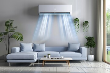 A living room with a large air conditioner blowing cool air.