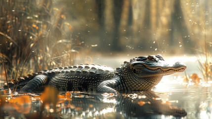 Fototapeta premium Alligator Sunbathing on a Riverbank, Basking in the Warmth of the Afternoon Sun.