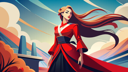 a pretty woman with long hair and a pretty, very long, flared red dress and a black belt and a lace collar, white background.Charm in red: a photo portrait of a woman with long hair in a flowing