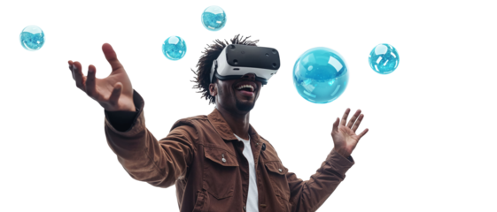 Happy black man in VR glasses interacting with network while having virtual reality experience. Isolated on transparent background. Metaverse technology concept.