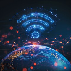 Floating WiFi symbol above a digital globe, global network concept, dark tech background