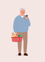 One Smiling Elderly Man With Groceries Using His Mobile Phone.