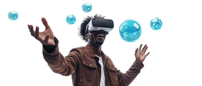 Happy black man in VR glasses interacting with network while having virtual reality experience. Isolated on transparent background. Metaverse technology concept.