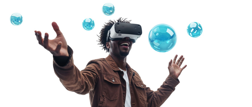 Happy black man in VR glasses interacting with network while having virtual reality experience. Isolated on transparent background. Metaverse technology concept. - Powered by Adobe