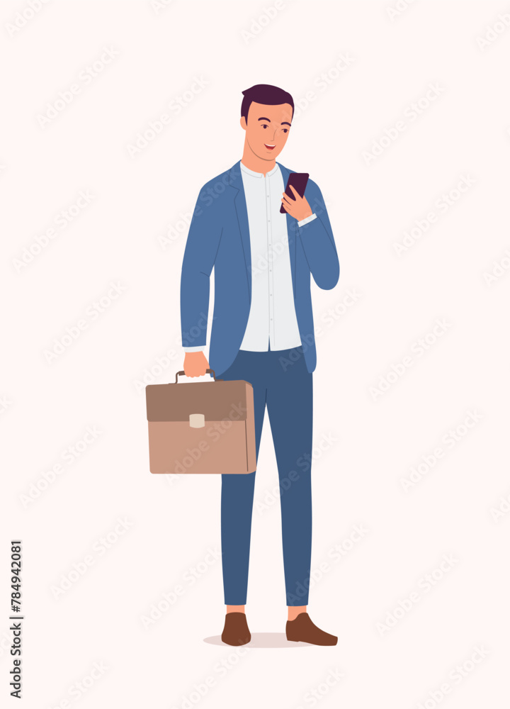 Poster one smiling businessman with briefcase using his mobile phone while standing.