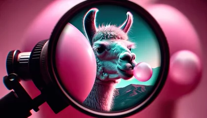 Gordijnen Llama Blowing Bubble Gum Through Magnifying Lens © Khritthithat