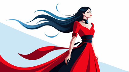 a pretty woman with long hair and a pretty, very long, flared red dress and a black belt and a lace collar, white background.Charm in red: a photo portrait of a woman with long hair in a flowing