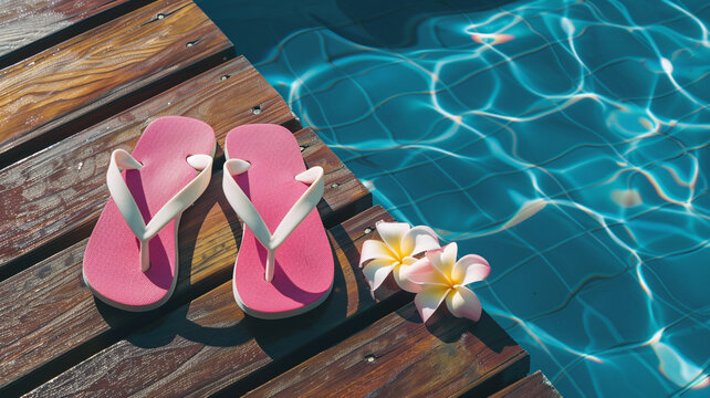A pair of pink flip-flops with white straps and two frangipani flowers lying on the wooden deck in the style of an outdoor swimming pool