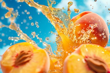 Food shot, super wide Angle, Peach juice waterfall splash, liquid explosion, 23 delicate Peach - obrazy, fototapety, plakaty