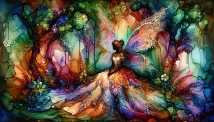 Fototapeta na wymiar Fantasy Fairy Emerging from a Magical Forest Painting