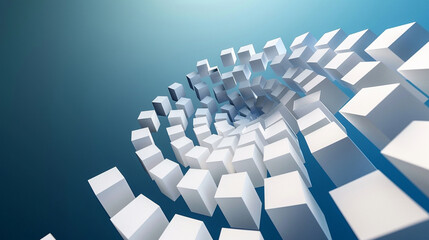 3D spiral of white cubes against the night sky's gradient, space voyage illusion.