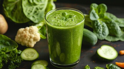 Green smoothie with vegetables around, nature background - obrazy, fototapety, plakaty