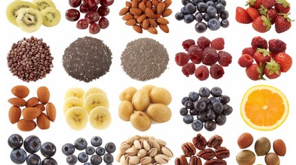 Assorted superfoods in containers on a solid colored background. A variety of superfoods in small bowls, surrounded by fresh fruits, nuts, and vegetables, highlighting a healthy lifestyle