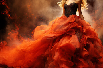 An elegant woman in a billowing red dress with a dramatic, smoky background
