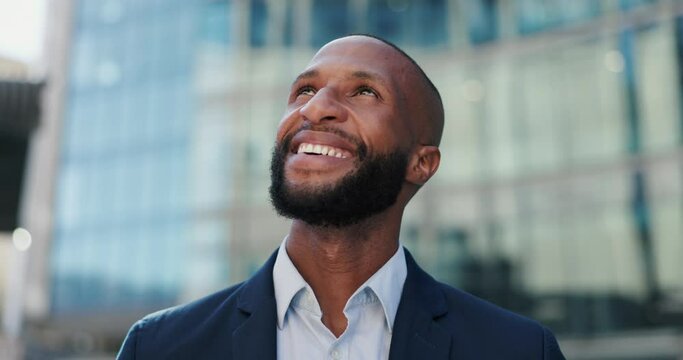 Professional man, thinking and ideas in city for career, job or architecture with outdoor by urban building design. Business and African real estate agent with inspiration, goals or vision for future