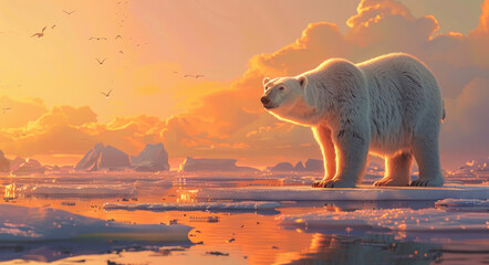 A polar bear stands on the melting ice of the Arctic Ocean, with orange and yellow hues in its fur against an endless horizon.