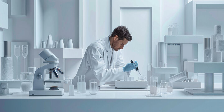 Scientist in lab coat conducting experiment at white table in laboratory setting