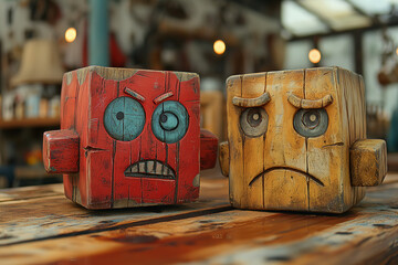 Two wooden faces, one red and one yellow, are sitting on a table