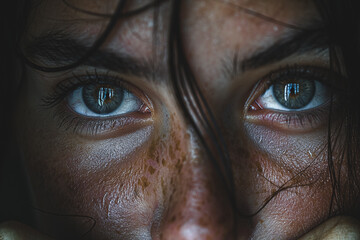 A woman with brown hair and green eyes is looking at the camera - obrazy, fototapety, plakaty