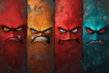 Four cartoon faces with different expressions, one of which is angry