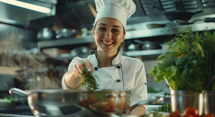 A smiling female chef is adding herbs to the pot of food in front of her, wearing white and a tall hat on her head against a professional kitchen