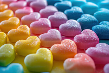 Fototapeta premium Colorful Heart Shaped Marshmallows Arranged on White Surface for Sweet Valentine's Day Concept