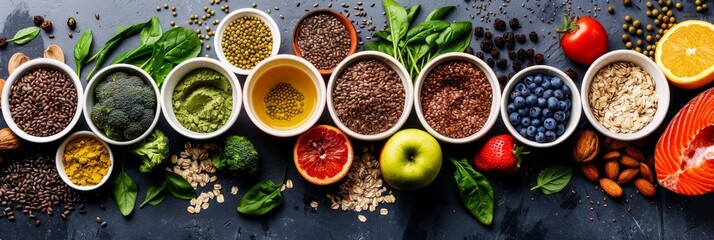 Assorted superfoods in containers on a solid colored background. A variety of superfoods in small bowls, surrounded by fresh fruits, nuts, and vegetables, highlighting a healthy lifestyle