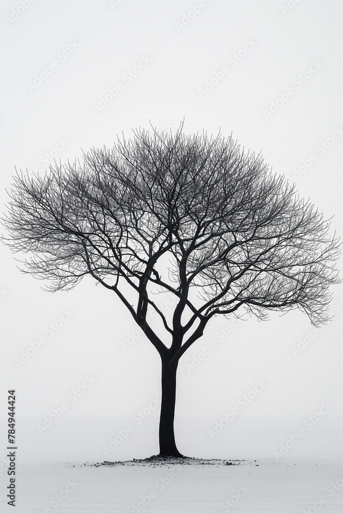 Poster a tree is standing alone in a snowy field