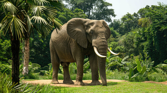African elephant standing tall in a lush sanctuary, surrounded by vibrant greenery and tall trees
